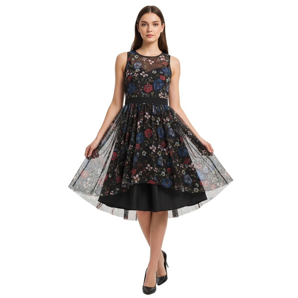 LC LAUREN CONRAD DISNEY Womens Black Floral High‎ Low Dress Size 6 Pleated